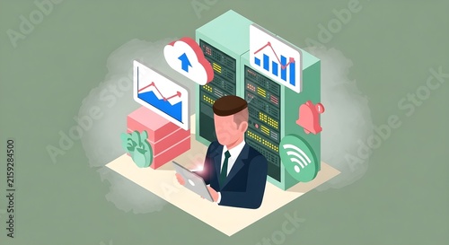 Professional businessman analyzing digital marketing analytics with futuristic tech dashboard and growth charts