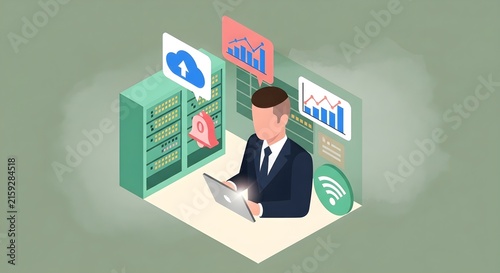 Professional analyst reviewing financial data with digital dashboard and cloud icons in modern office workspace