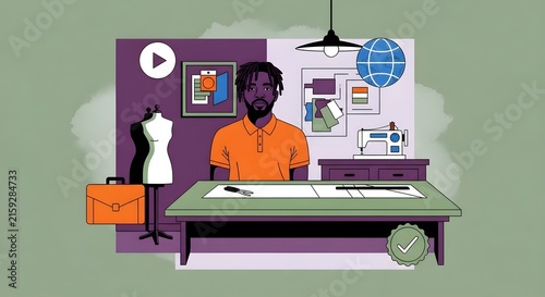 Creative professional designing fashion patterns in modern home studio workspace with mannequin and tools