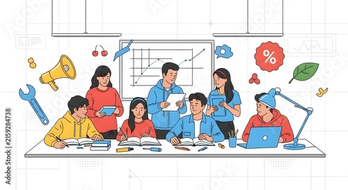 Diverse creative team collaborating in modern office with brainstorming and marketing success icons