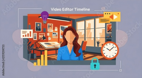 Creative Video Editor Working in Modern Home Office with Timeline and Clock Concept