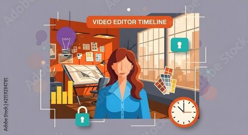 Creative Female Video Editor Working in Modern Home Office with Timeline and Clock Concept