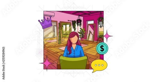 Creative young woman brainstorming ideas with colorful thought bubbles in vibrant modern workspace