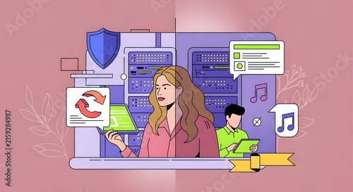 Creative professional woman working on digital design project with team collaboration and tech icons