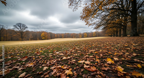 Abundant acorn harvest scattered across autumnal grassland beneath golden canopy under ominous