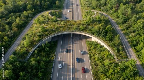 Aerial view of a highway interchange with green vegetation and passing cars landscape photography