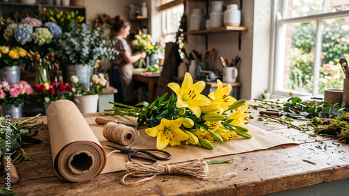 Florist wrapping yellow lillies in paper on a rustic flower shop bench