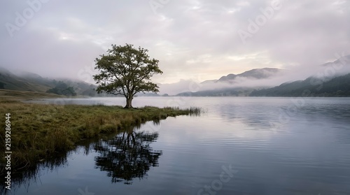Serene landscape with a lone tree reflected in a calm lake during a misty sunrise