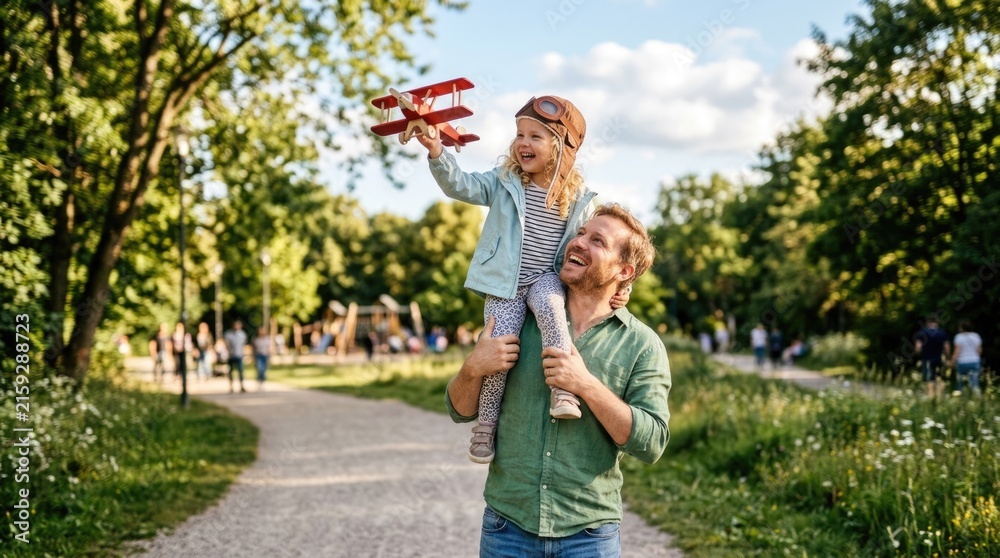 Fototapeta premium Happy Father Carrying Daughter on Shoulders While She Plays with Toy Airplane in Park
