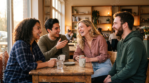 Diverse group of friends laughing and enjoying coffee together at a cafe