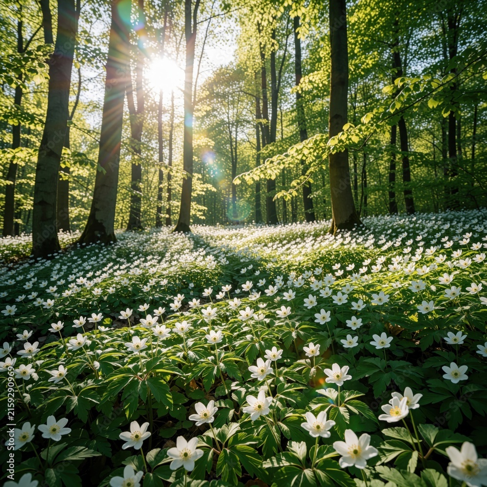 Fototapeta premium Sunlight streams through green trees onto a forest floor carpeted with blooming white wildflowers. Nature awakens in spring with fresh foliage and delicate plants.