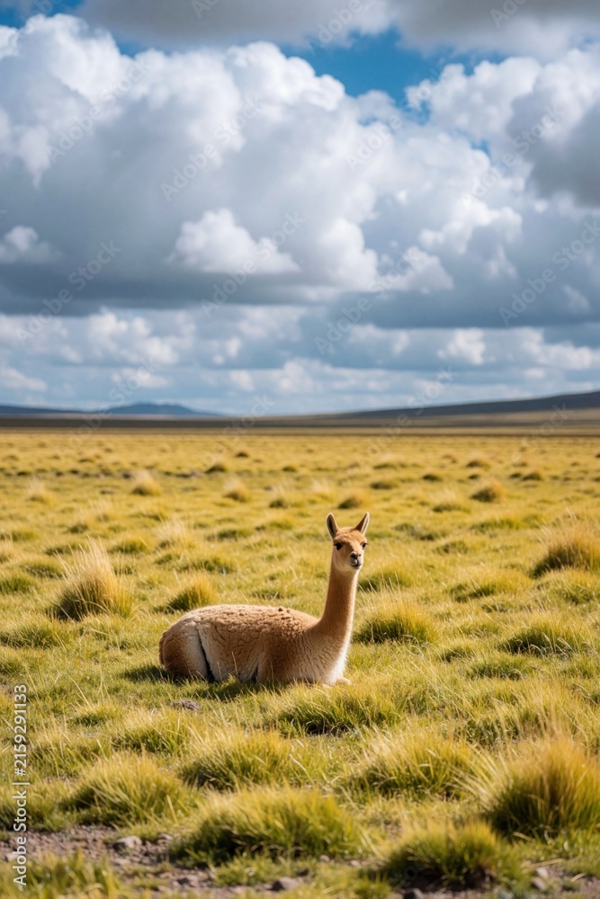 Naklejka premium Guanaco rests in golden grassy field under cloudy sky. Wild South American camelid looks toward camera in open Andean landscape. Animal calm serene, natural habitat.