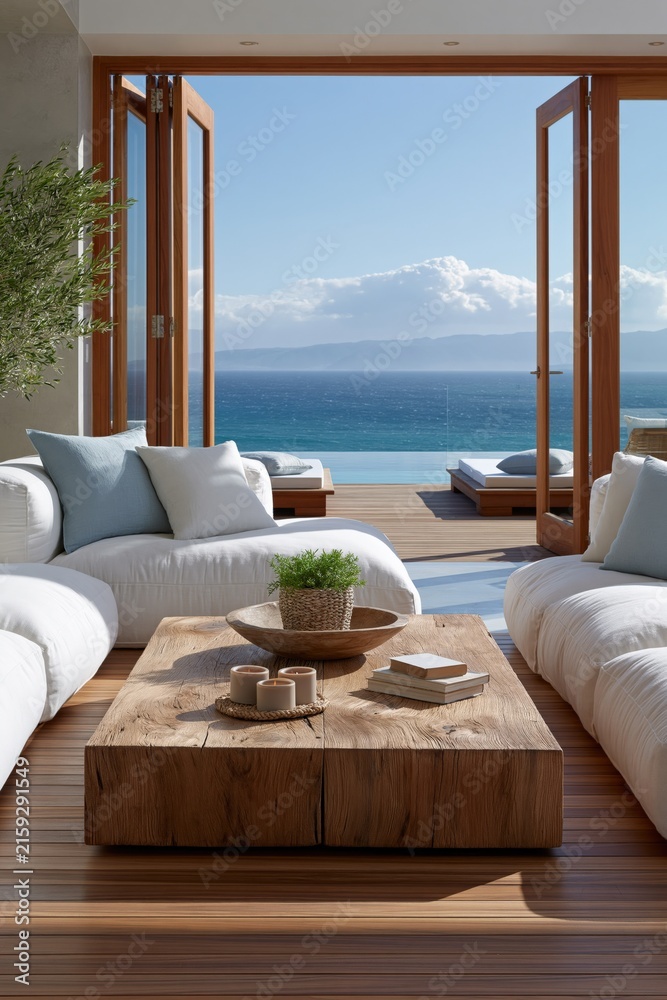 Fototapeta premium Ocean view modern coastal living room interior with sliding doors and wood coffee table for luxury background and relaxation