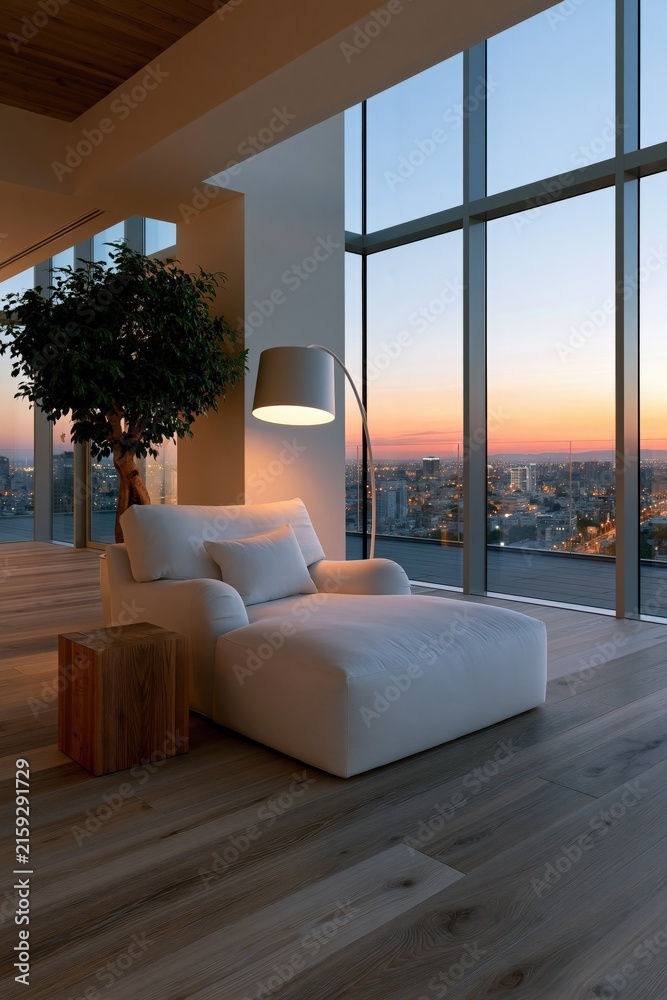 Fototapeta premium Modern white chaise lounge with panoramic city sunset skyline through floor-to-ceiling windows for luxury living room background and relaxation wallpaper