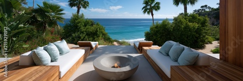 Elegant oceanfront lounge area with central firepit and wooden daybeds for luxury resort wallpaper and summer relaxation design