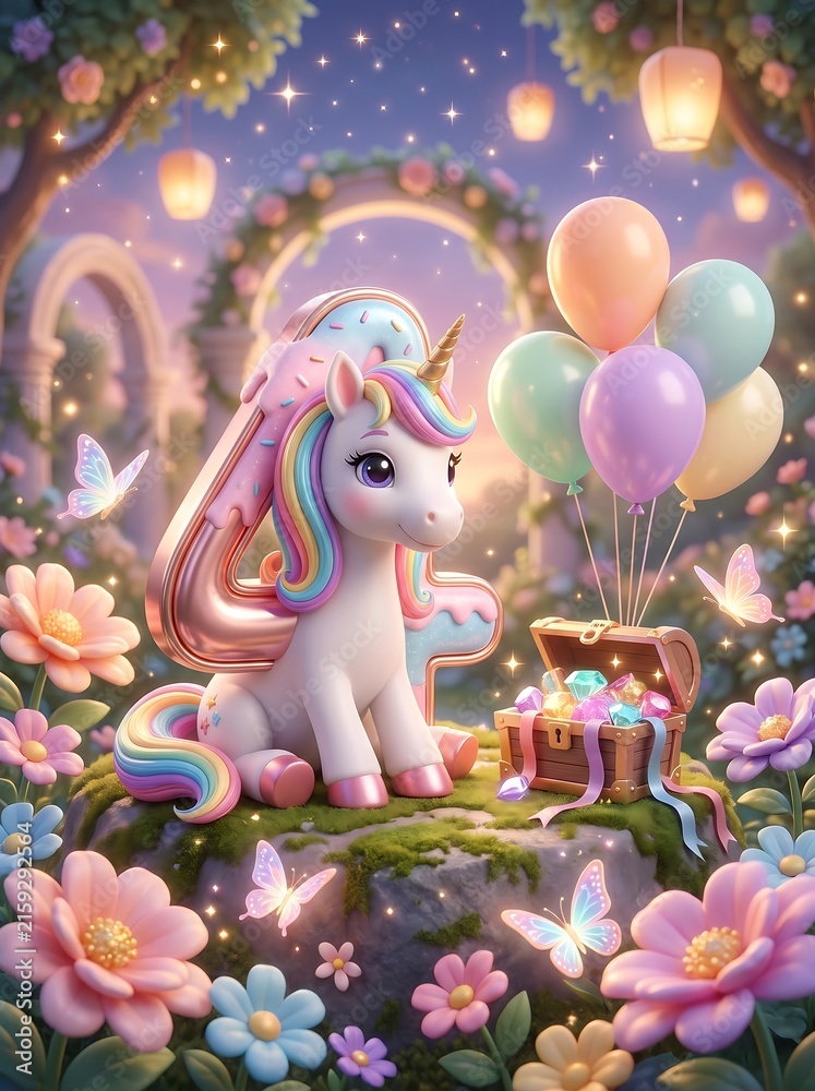 Fototapeta premium 4th Birthday Magical Unicorn Party with Donut Number Four