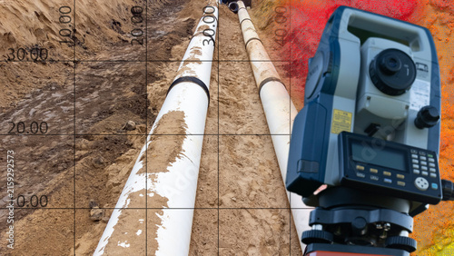 White PVC pipe lies in the earth, marked by black bands. Surveying instrument measures its position and depth. Grid lines with depth numbers show precise measurements. Ideal for construction