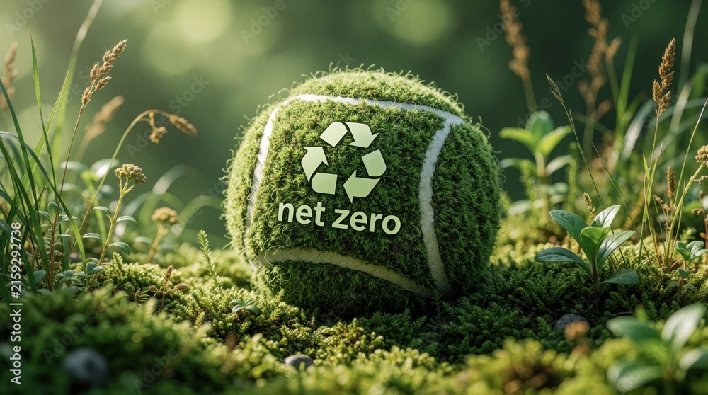 Fototapeta premium Green tennis ball with net zero symbol and recycling logo rests on mossy ground. Rich grass and plants surround ball, suggesting eco friendly sports.