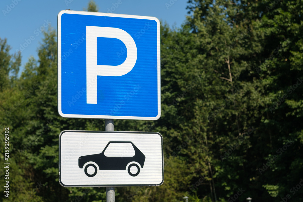 Obraz premium Blue parking sign displaying a white letter P and a car symbol, set against lush green trees in a natural outdoor environment