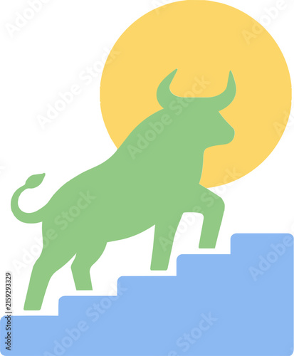 Bull silhouette icon on upward stairs for stock market growth and investment