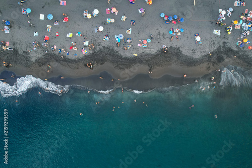 Aerial panoramic view of Praia de Santa Barbara, a long sandy surf beach on the north coast of Sao Miguel, Azores, Portugal.