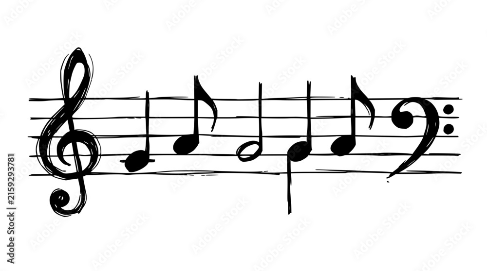 Naklejka premium Musical notes and symbols collection set with flowing black and white vector illustration featuring treble clef, quarter notes, eighth notes, and rests with dynamic curves and swirls