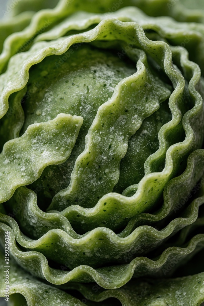 Obraz premium Close up of fresh green pasta made with spinach herbs. Homemade durum wheat dough shows rough texture, organic quality. Raw italian noodles nest in swirl shape for healthy culinary cooking. Artisan