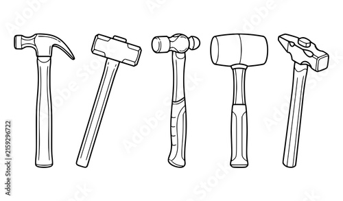 Hammer outline icons in side front and perspective views hand tool vector illustration set