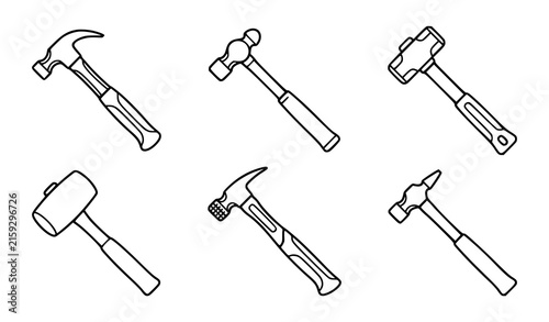 Hammer line art icon set with claw sledge mallet and hand tool outline vector designs