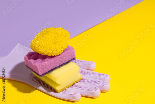 Stack of colorful cleaning ...