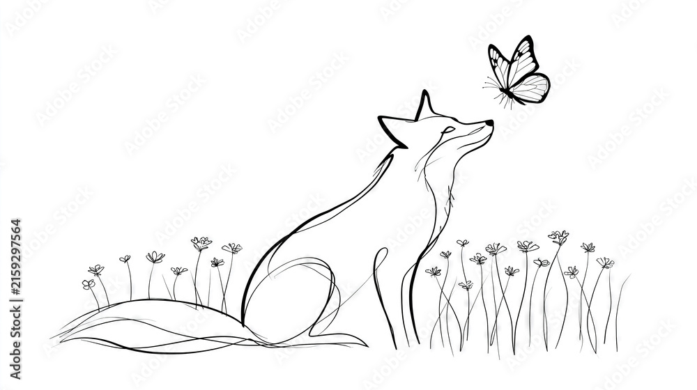 Naklejka premium Fox Gazing at Butterfly in Meadow Illustration