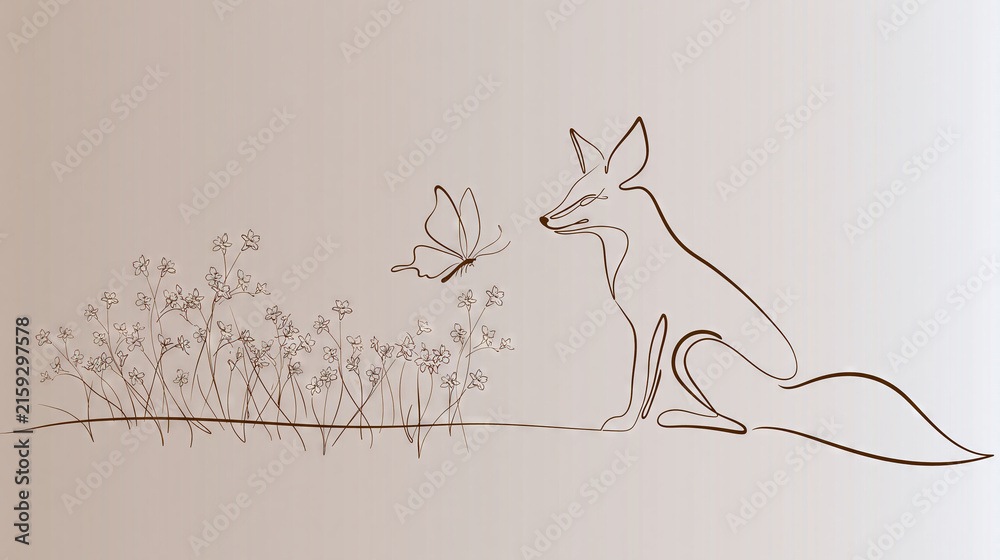 Naklejka premium Fox with Butterfly in a Field of Flowers