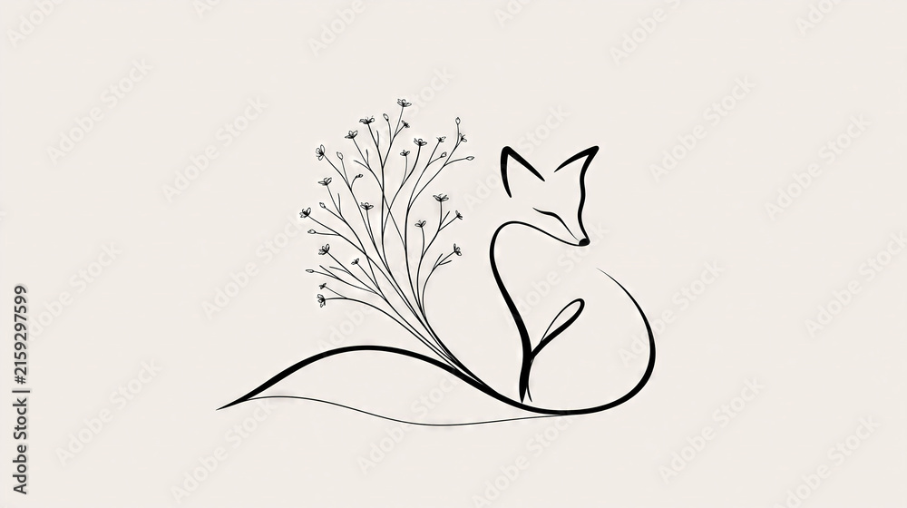 Naklejka premium Fox Sniffing Wildflower in Minimalist Line Art
