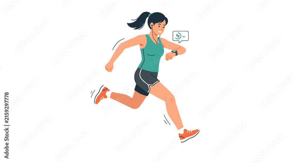 Fototapeta premium Woman running checking fitness tracker on wrist wearing headphones and athletic clothing