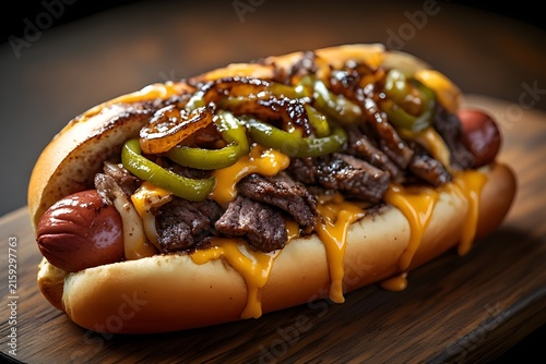philly cheesesteak hot dog on a wooden board