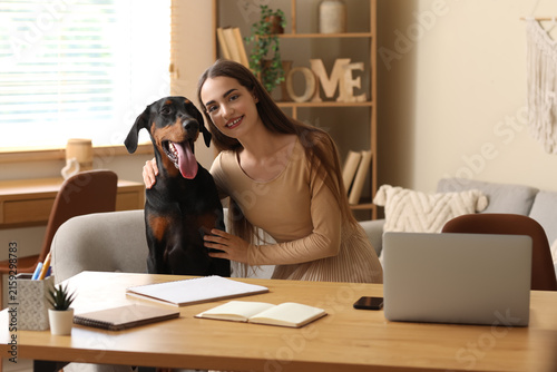 Cuadro en lienzo Cute Doberman dog and beautiful young happy woman with laptop at workplace at ho