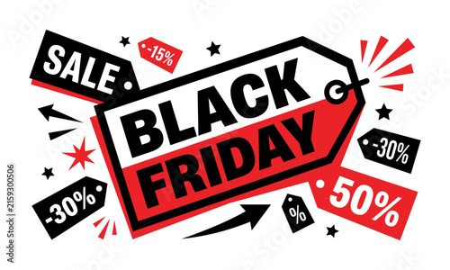 Black friday sale banner with discount labels and vibrant graphic elements