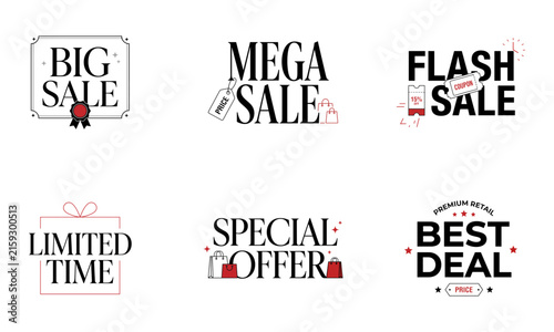 Set of modern minimalist sale badges and promotional typography labels for retail marketing and e commerce campaigns