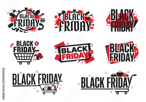 Collection of black friday sale banners and labels with shopping elements and discounts