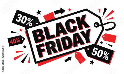 Black friday sale banner design with price tags and discount percentages on a white background