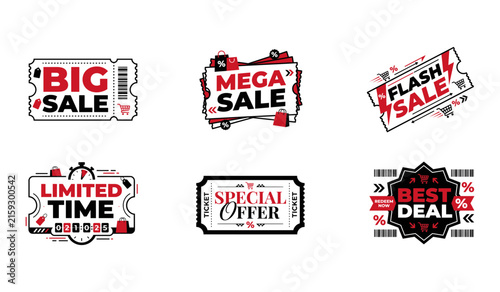 Set of six modern sale and discount promotional badges with shopping elements for retail marketing campaigns