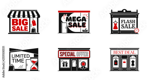 Set of six retail store icons with sale signs and promotional marketing elements for shopping business