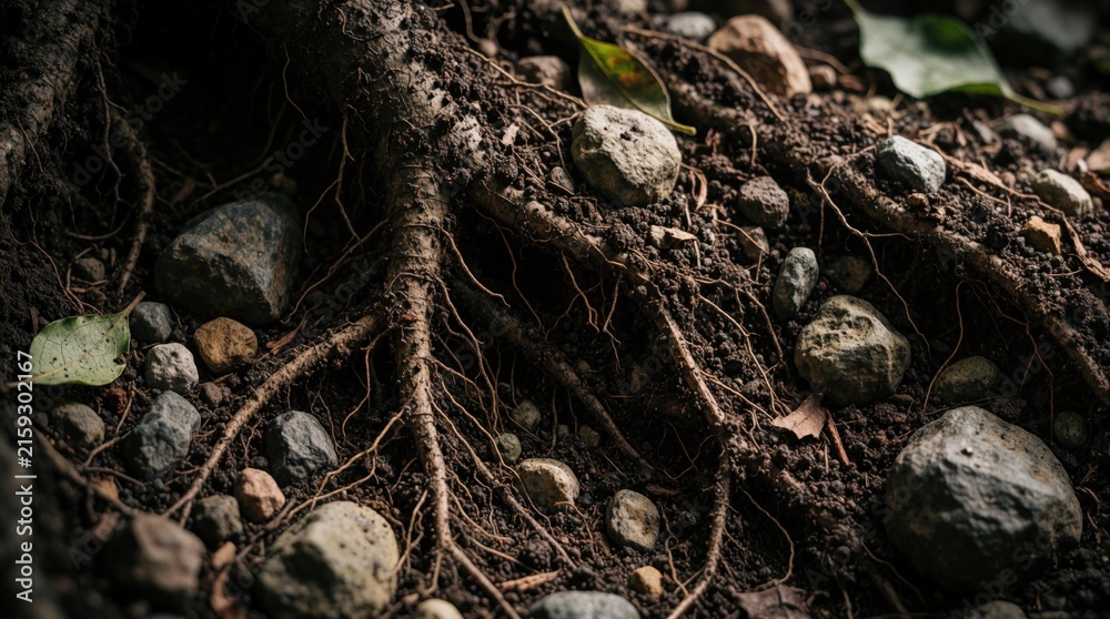 Fototapeta premium Intricate tree roots spread through dark soil mixed with stones and pebbles. Some dry leaves and dirt fill the ground, showing natural growth and decay processes in nature.