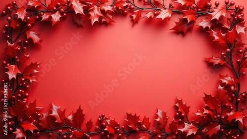 Red Christmas card frame with holly leaves and berries border, empty copy space center