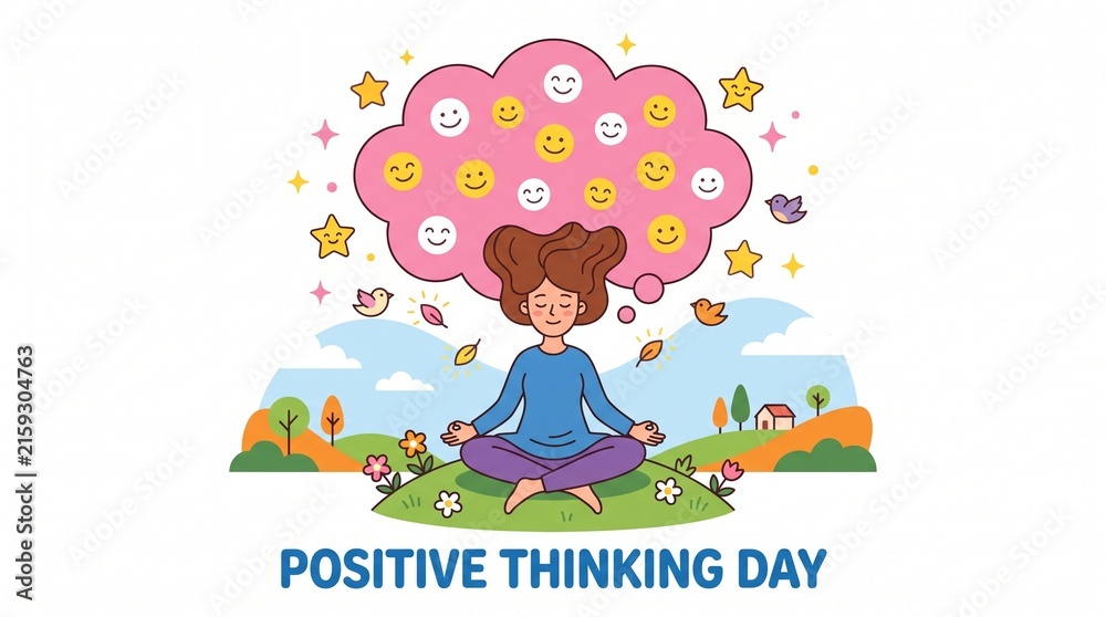 Fototapeta premium Woman meditating surrounded by positive thoughts.