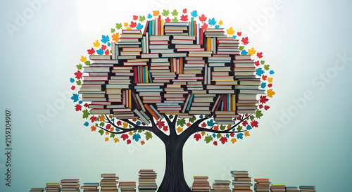 Books forming tree shape with colorful leaves against white background minimalist concept