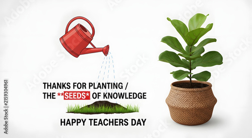 Teacher watering small plant with thank you note in pot for appreciation day