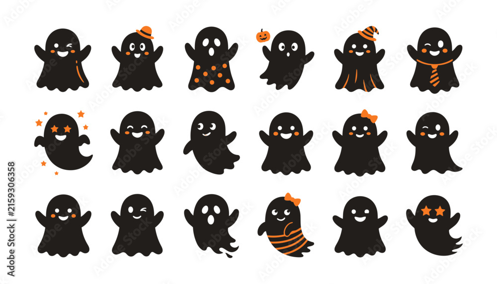 Obraz premium Set of cute black ghosts with orange details for halloween party decoration and festive graphic design elements