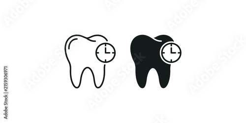 Fotografie Dental health icon with clock showing timely tooth care in linear and solid black variations for professional dentistry