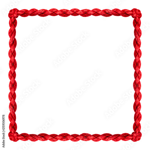 Red braided rope frame square border made from twisted nautical cord isolated for design projects on transparent background